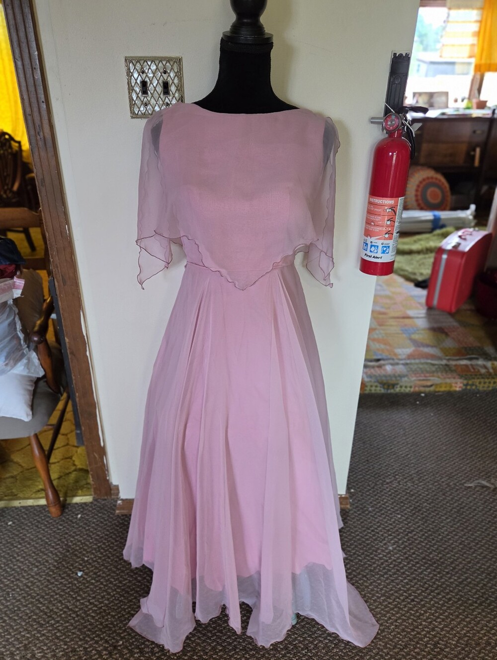 Vintage 70s Pink Chiffon Capelet Gown | Ethereal Formal Dress Modest